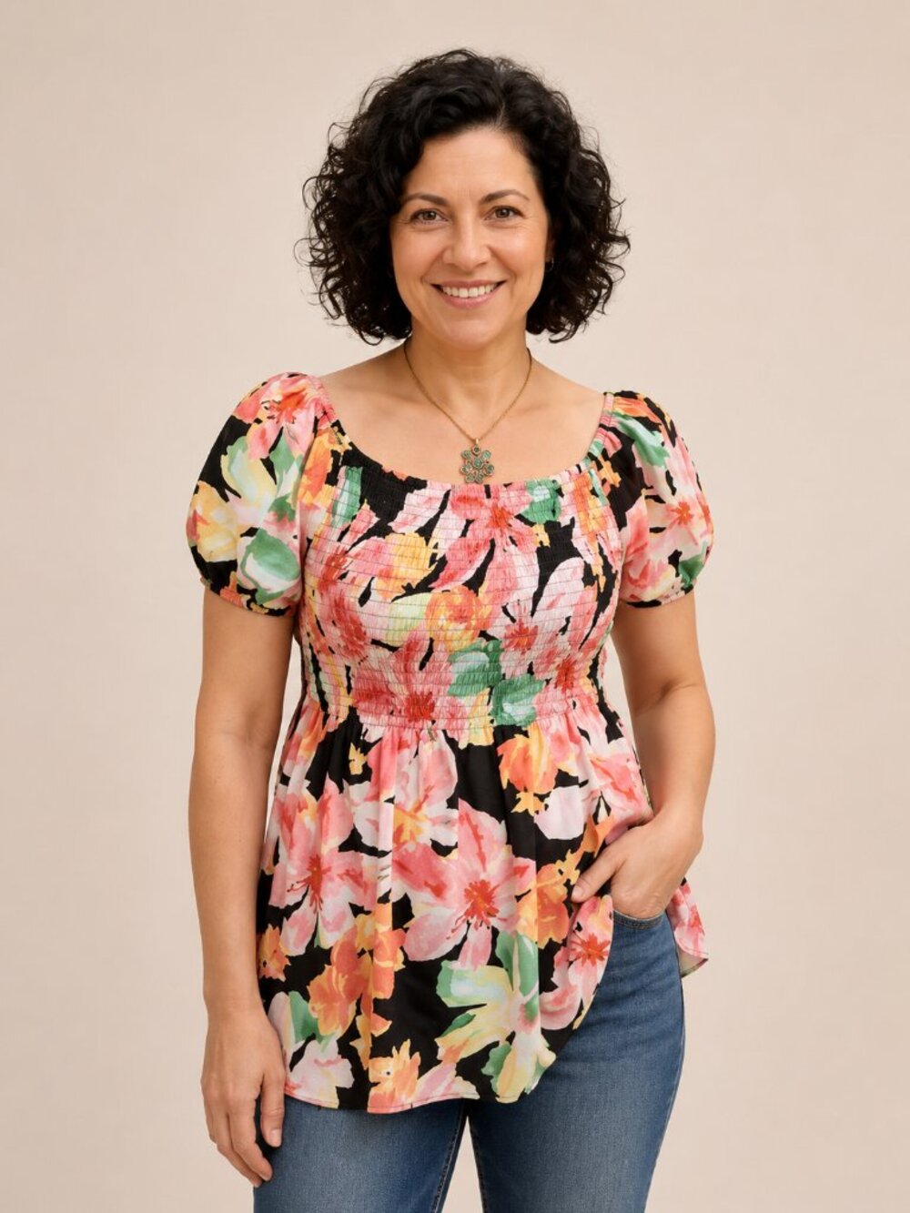 2-Piece Set Floral Smocked Puff Sleeve Top + Bear Rhinestone Necklace Size M